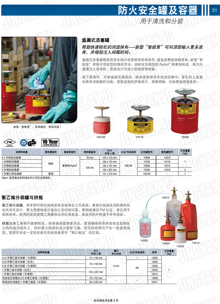 美國(guó)杰斯瑞特，JUSTRITE，活塞安全罐，盛漏式活塞罐，化學(xué)品分裝罐，